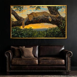 Leopard on Tree Canvas Painting Wildlife Wall Art Jungle Sunset Decor Animal Lover Gift Large Canvas Artwork
