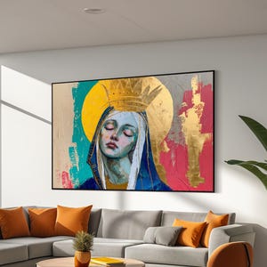 Contemporary Virgin Mary with Crown Canvas Art - Vibrant Marian Devotional Decor | Modern Religious Wall Art | Ready-to-Hang Christian Art