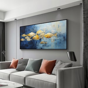 Abstracte goud- en blauwe visschoolcanvaskunst – Modern op de oceaan geïnspireerd kunstwerk voor kustdecor, perfect cadeau-idee
