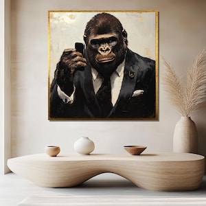 Gorilla in Suit Canvas Painting Modern Animal Wall Art Funny Office Decor Unique Gift Large Gorilla Artwork