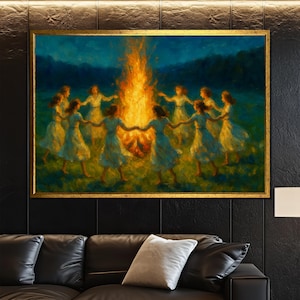 Tanzende Frauen am Lagerfeuer Leinwand Gemälde, Geschenk für Boho-Liebhaber, mystische Nacht, 100% Baumwolle, Unikat, 100% Handarbeit