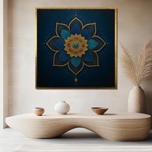 Elegant Mandala Canvas Painting – Gold and Blue Spiritual Wall Art for Meditation Room, Boho Home Decor, Peaceful Canvas Gift Idea