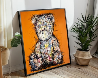 Pintura abstracta de Banksy con un oso de peluche: un regalo de arte urbano divertido para una decoración única del hogar.