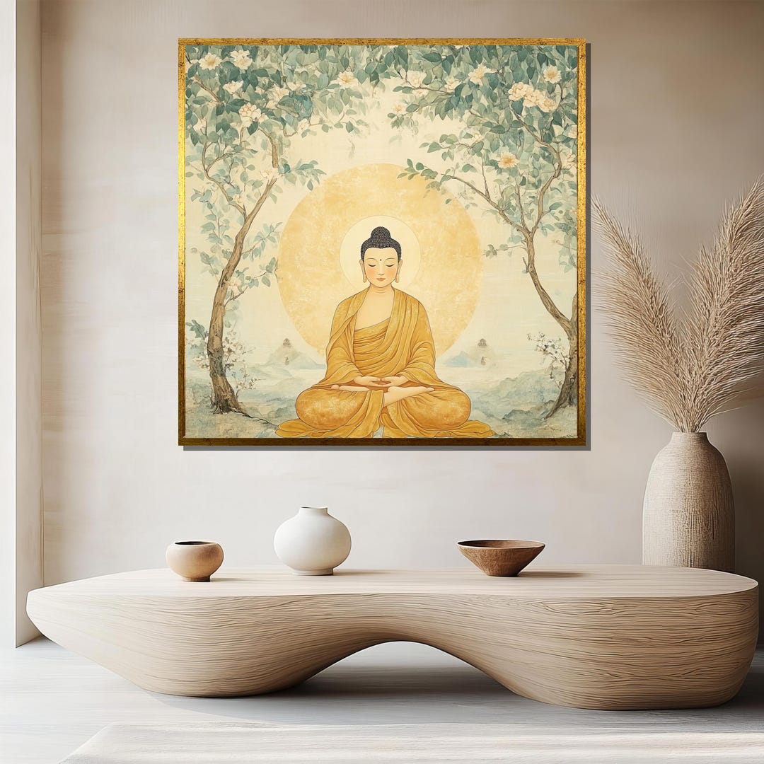 Tranquil Buddha Under Tree Canvas Painting, Zen Wall Art Decor ...