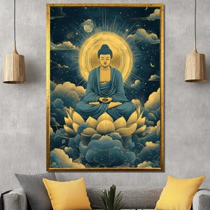 Blue and Gold Buddha Canvas Painting, Zen Wall Art, Spiritual Meditation Decor, Peaceful Lotus Artwork, Buddhist Home Gift