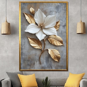 White and Gold Flower Canvas Painting, Elegant Floral Wall Art, Luxury Botanical Home Decor, Modern Artwork, Gift for Art Lovers