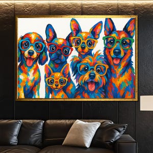 Colorful Dogs Canvas Painting with Glasses, Whimsical Pet Wall Art, Ready to Hang, Fun Gift, Vibrant Animal Decor for Living Room