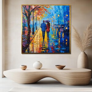 Romantic Stroll Canvas Painting, Colorful Rainy City Art, Couple Under Umbrella, Love Scene Wall Decor, Valentine’s Day Gift