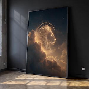 Celestial Lion Wall Print, Surreal Lion Canvas, Glowing Lion in Clouds Wall Art, Spiritual Fantasy Decor, Zodiac Leo Artwork, Gift Idea