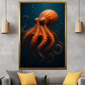 Octopus Canvas Painting, Underwater Sea Life Wall Art, Deep Ocean Tentacle Animal Print, Marine Creature Decor, Coastal Home Unique Gift