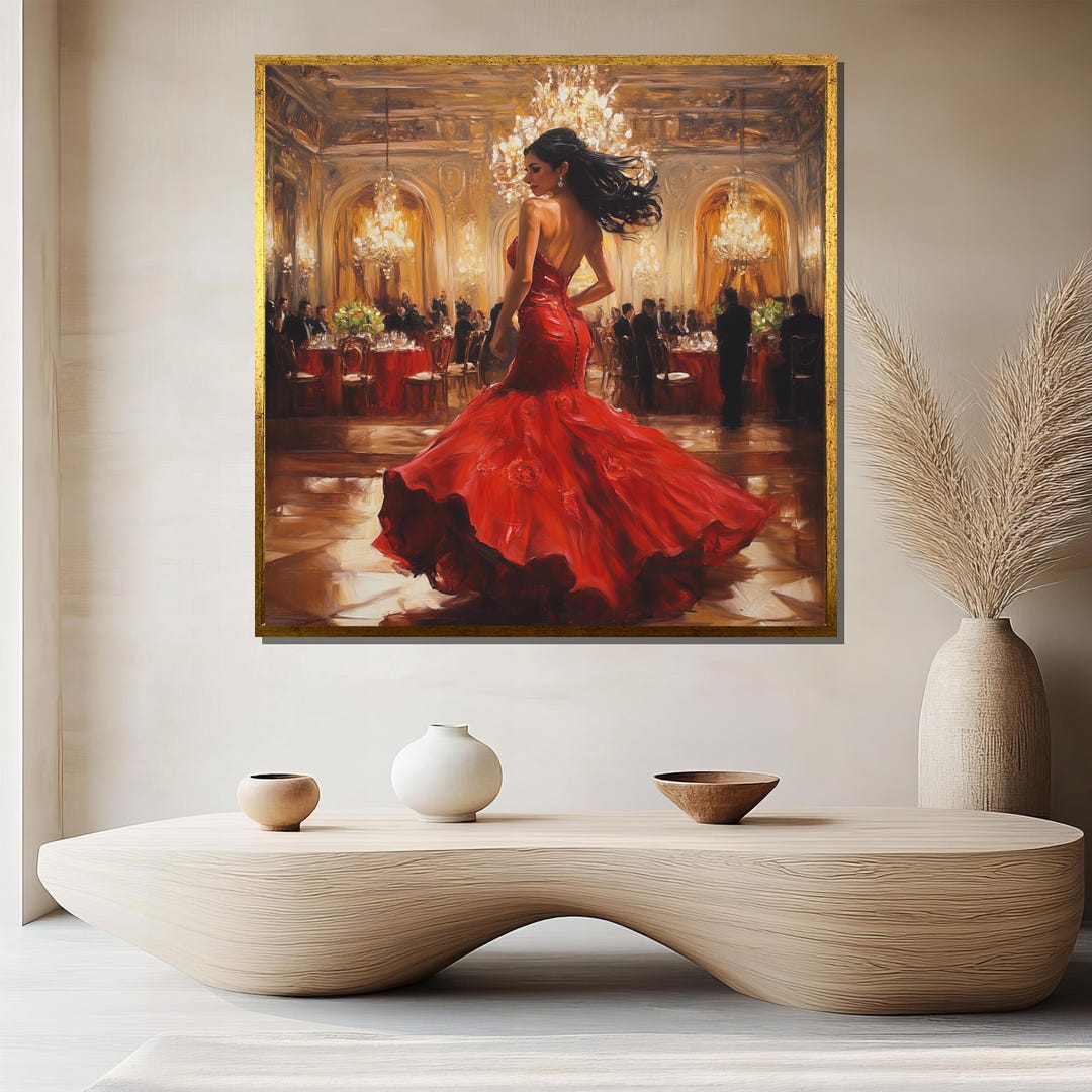 Elegant Lady in Red Canvas Painting, Glamorous Ballroom Wall Art ...