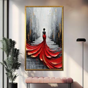 Red Dress Canvas Painting, Elegant Woman Abstract Art, Ready to Hang Glamorous Wall Decor, Fashion Lover Gift, Minimalist Art