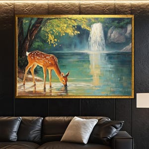 Deer by Waterfall Canvas Painting Serene Wildlife Wall Art Nature Inspired Home Decor Unique Gift for Animal Lovers Large Artwork
