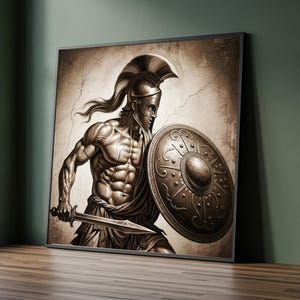 Spartan Warrior Canvas Painting – Ready to Hang Ancient Greek Wall Art for Office – Bold Gift for Strength, History, and Mythology Lovers