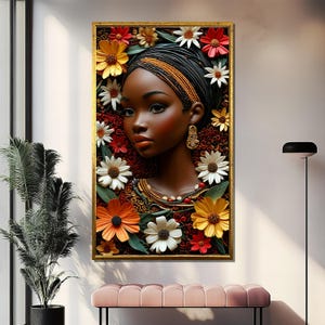 Colorful African Woman Canvas Painting, Floral Portrait Wall Art, Ready to Hang Print, Unique Gift for Bedroom or Living Room