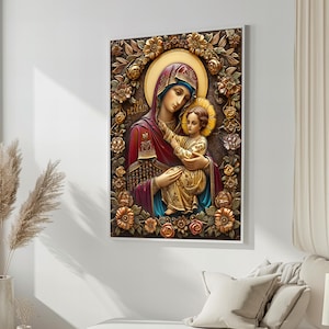 Ornate Virgin Mary and Child Icon Canvas Art - Byzantine Religious Wall Decor, Framed Christian Artwork, Ready to Hang