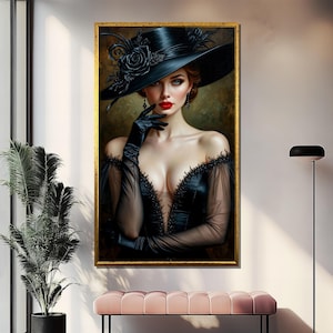 Elegant Lady in Black Hat Canvas Painting – Glamorous Wall Art, Ready to Hang, Perfect Gift for Fashion & Vintage Lovers