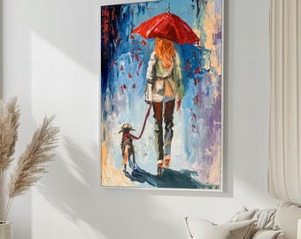 Modern Impressionist Art: Woman with Red Umbrella Walking Dog in Rain - Vibrant Palette Knife Canvas Painting Gift