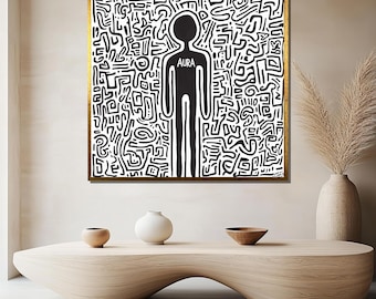Pintura en lienzo &quot;Aura&quot; de Keith Haring, decoración de pared de arte pop abstracto, obra de arte urbano moderno, arte en blanco y negro audaz, regalo único para amantes del arte.