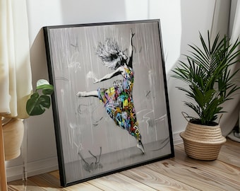 Pintura en lienzo de una bailarina de grafiti de Banksy: un regalo de arte urbano expresivo para la decoración contemporánea.