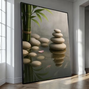 Zen Stones and Bamboo Canvas Painting – Peaceful Nature Wall Art for Meditation Room, Tranquil Spa Decor, Calming Canvas Gift Idea