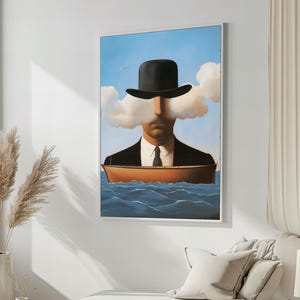 René Magritte Surrealistisches Leinwandgemälde – Mysteriöser Mann in einer Melone mit Wolken und Boot, moderner Surrealismus