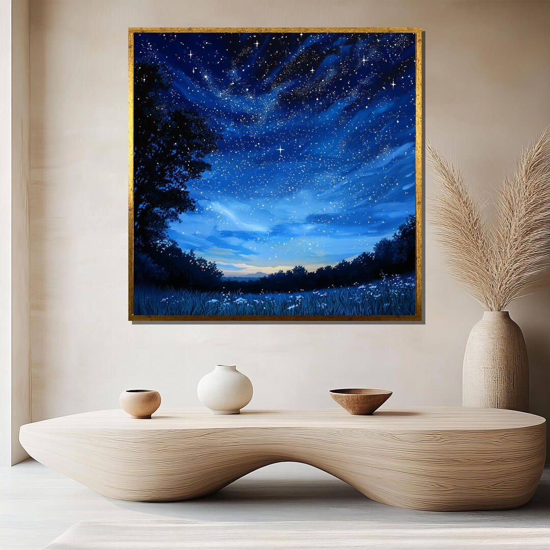 Starry Night Sky Canvas Painting – Dreamy Landscape Wall Art, Ready to ...
