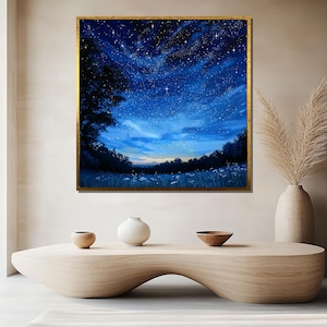 Starry Night Sky Canvas Painting – Dreamy Landscape Wall Art, Ready to Hang, Peaceful Gift for Nature Lovers