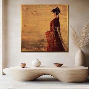 Traditional Asian Woman Canvas Painting - Elegant Oriental Wall Art - Vintage-Inspired Decor for Living Room - Unique Gift Idea