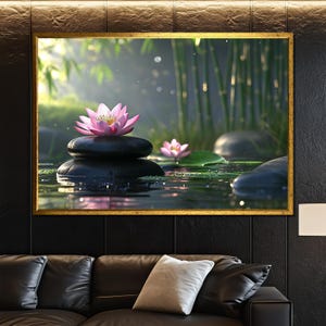 Zen Lotus and Stone Canvas Painting, Spa Wall Art Decor, Peaceful Nature-Inspired Artwork, Meditation Room Gift, Calming Home Decor