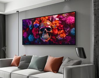 Lienzo vibrante de calavera del Día de Muertos: diseño floral colorido, decoración festiva mexicana para pared.
