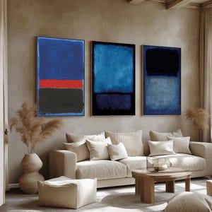 Midnight Blue Trio - Mark Rothko’s Bold Blue and Red Abstract Canvas Painting | Striking Wall Art Gift for Modern Interiors