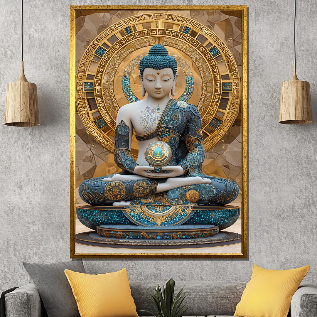 Intricate Blue and Gold Buddha Canvas Painting, Zen Wall Art Decor ...