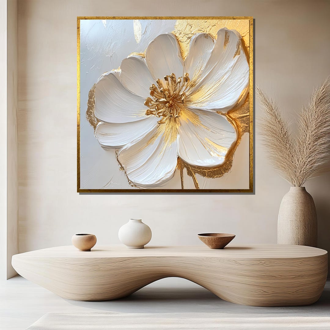 Luxury White and Gold Flower Canvas Painting, Modern Wall Art, Elegant ...