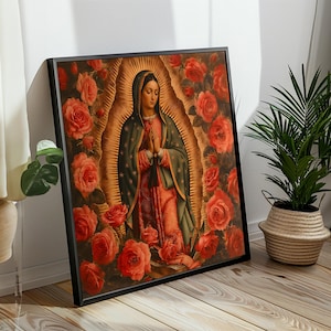 Lienzo de Nuestra Señora de Guadalupe - Decoración de pared devocional mariana / Arte religioso sagrado con rosas / Ícono católico enmarcado listo para colgar