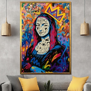 Pop Art Mona Lisa Print Graffiti Queen Crown Tattooed Portrait Colorful Street Style Urban Canvas Wall Decor Contemporary Art