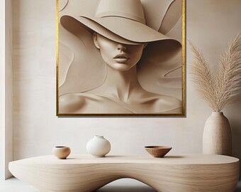 Elegant Beige Canvas Painting - Minimalist Woman with Hat - Modern Aesthetic Wall Art - Luxury Neutral Home Decor