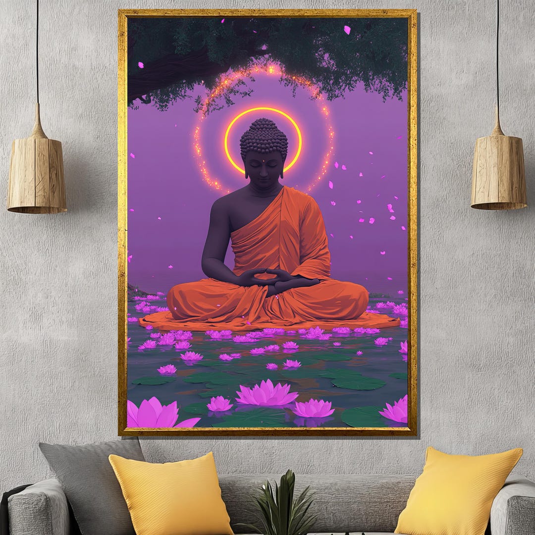Purple Lotus Buddha Canvas Painting, Zen Meditation Wall Art, Spiritual ...