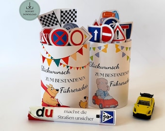 Duplo Banderole Führerschein lustig | Führerschein bestanden Geschenk mit lustigen Motiven | Geschenkverpackung | Sofort-Download PDF