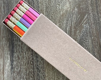 DELUXE GIFT BOX | Set of 12 Personalized Pencils | Choose Your Color Combo | Custom Foil Printed | Hb No. 2 Graphite | Kraft Box Gift Set.