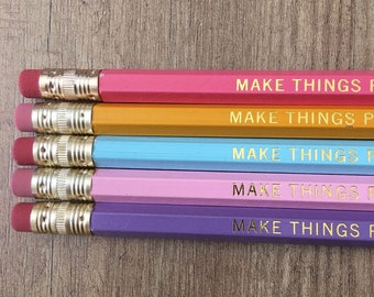 PIXIE DUST | Set of 5 Personalized Pencils | Designer Color Combo | Custom Foil Printed | HB No. 2 Graphite | Pink Blue Yellow Pencils