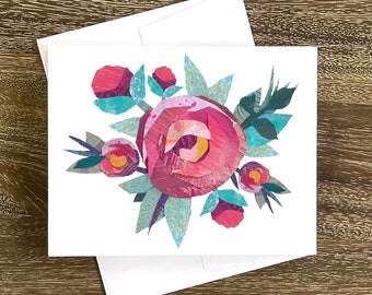 CABBAGE ROSES | Greeting Card | A2 Blank Card Inside | Collage | Painted Paper | Original Art | Professionally Printed