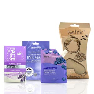 May include: A set of three beauty products: a purple and white package of wrinkle care gel eye patches, a purple and white package of lavender gentle warming eye mask, and a purple and blue package of blueberry clay mask. The set also includes a brown satin sleep mask and a brown satin hair scrunchie.
