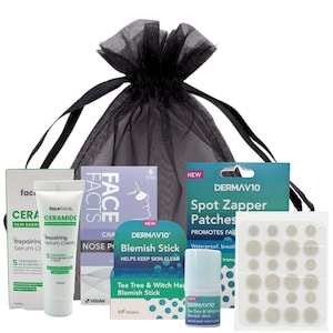 May include: A selection of skincare items, such as serum, cream, nose pore strips, blemish stick, and spot zapper patches, displayed in a black mesh bag. The products are packaged in white, green, and blue boxes and tubes.