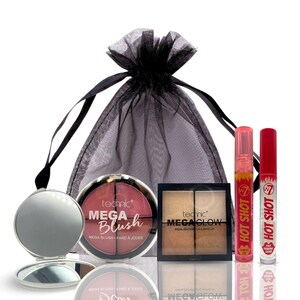 May include: A makeup set containing a black mesh bag, a round mirror, a four-pan blush palette with the text "technic MEGA Blush MEGA BLUSH FARD A JOUES", a four-pan highlighter palette with the text "technic MEGA GLOW HIGHLIGHTER ILLUMINATEUR", a clear bottle with the text "W7 HOT SHOT", and a pink bottle with the text "W7 HOT SHOT".