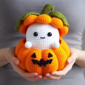 May include: A crocheted pumpkin with a cute ghost inside. The pumpkin is orange with a black jack-o'-lantern face. The ghost is white with black eyes and a small mouth.
