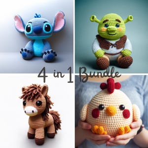 Op de afbeelding: Een 4-in-1 gehaakt amigurumi-pakket met Stitch van Lilo & Stitch, Shrek, een bruin paard en een geel kuiken.