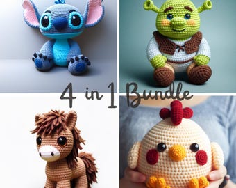 Amigurumi Crochet Pattern Bundle: Stitch, Ogre, Chicken, Horse (Digital Download)