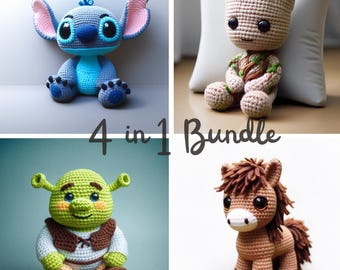 Amigurumi Crochet Pattern Bundle: Stitch, Groot, Shrek, Pony (Digital Download)