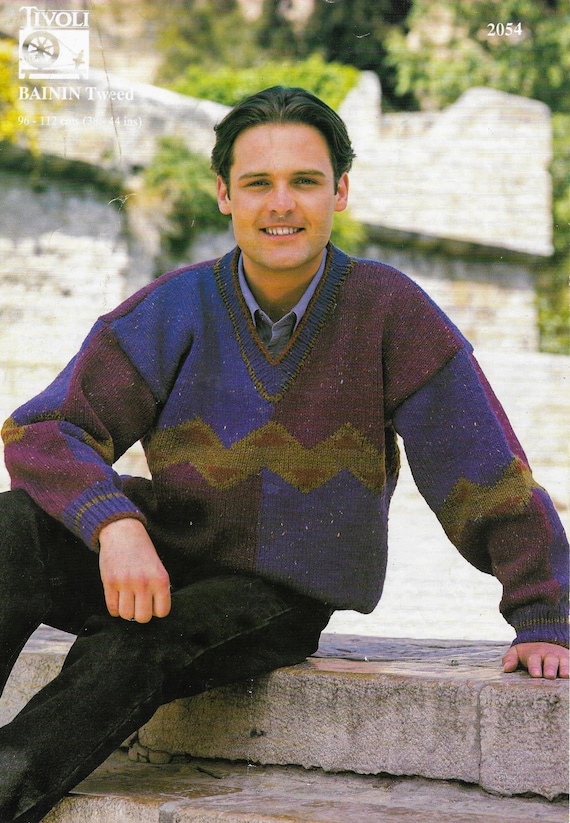 Men's 90s Vintage Tweed V-neck Sweater Knitting Pattern by Tivoli